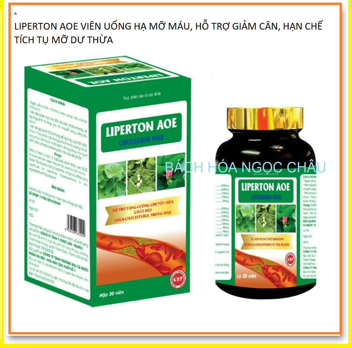 LIPERTON AOE cholessen max, Viên uốn Hạ Mỡ Máu, Hỗ Triợ Giảm Cân, Hạn chế Tích Tụ Mỡ Dư Thừa - hộp 30 viên