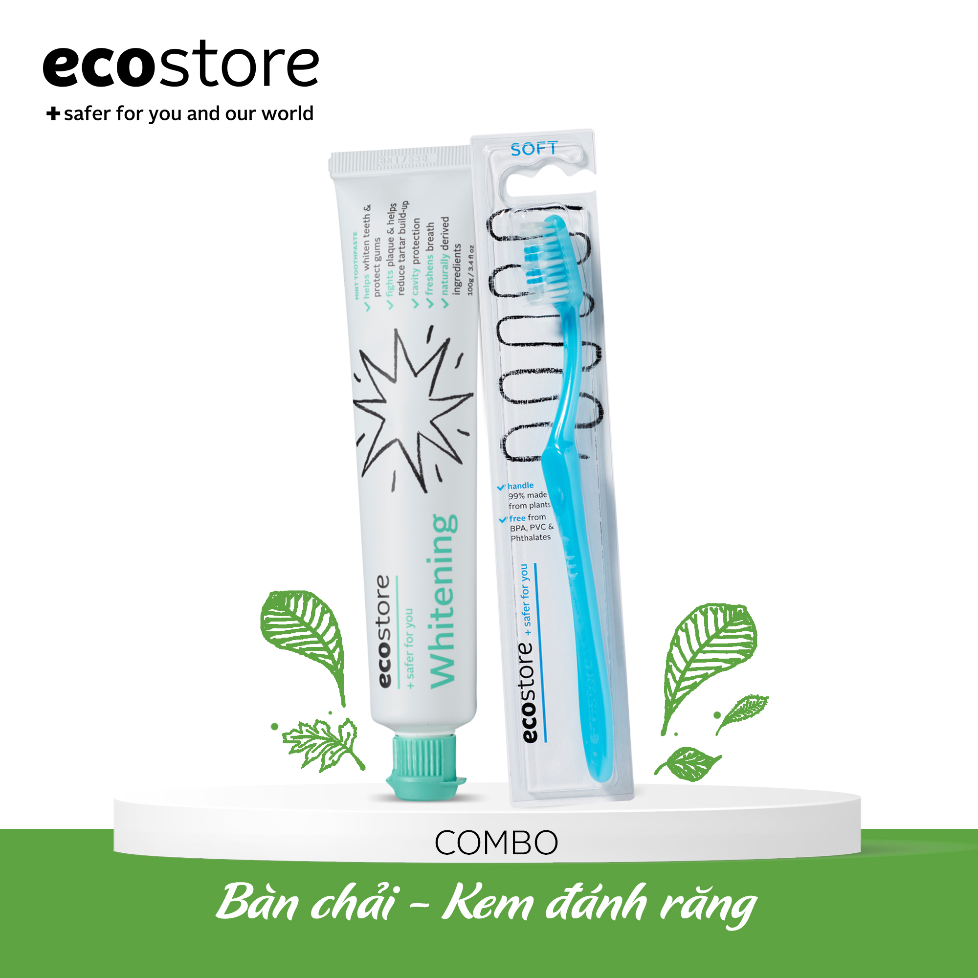 Combo kem đánh răng gốc thực vật ECOSTORE 100gr và bàn chải lông mềm bảo vệ nướu