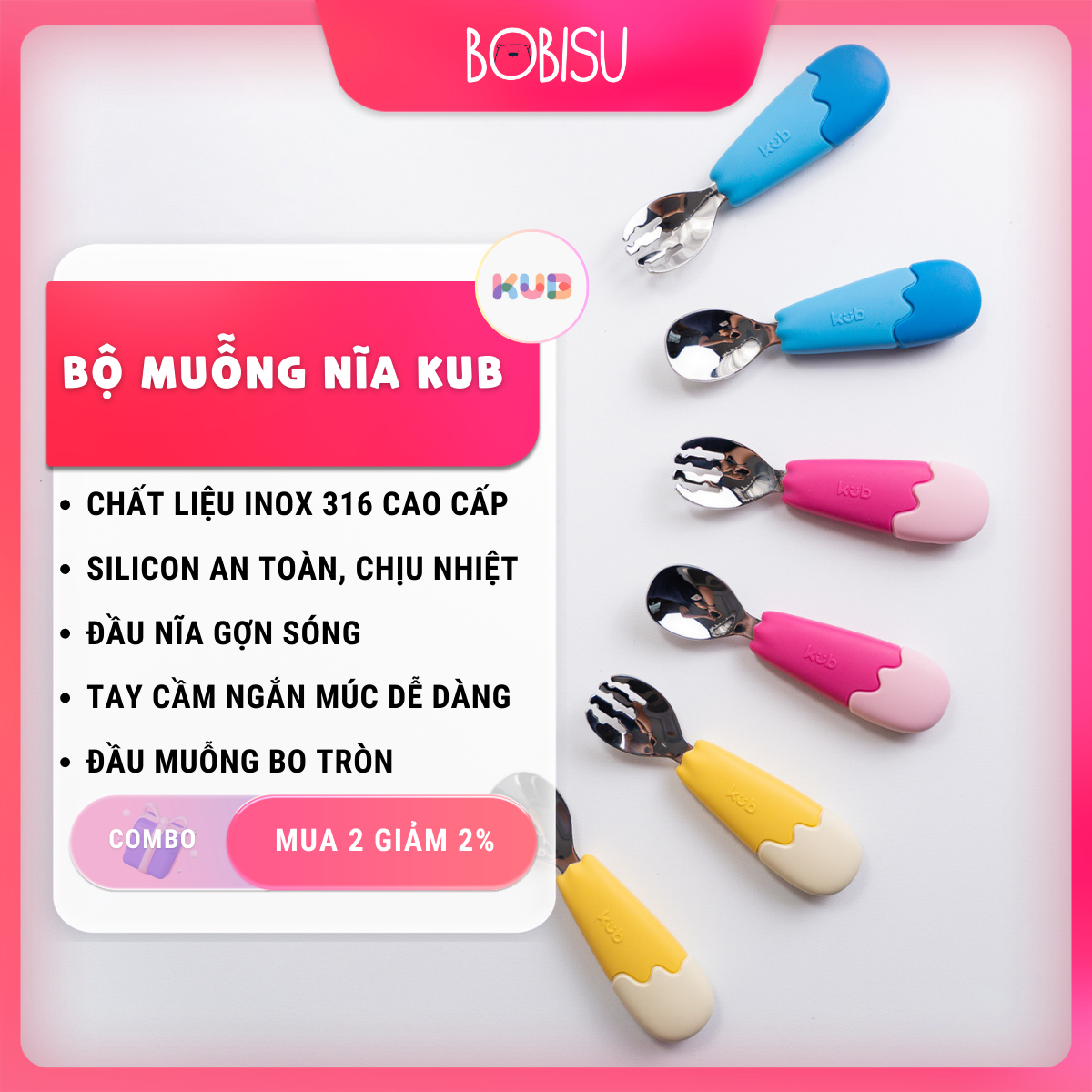 Bộ muỗng nĩa inox 316 cho bé ăn dặm kub