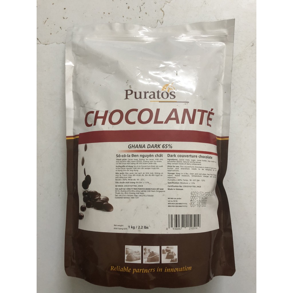 Socola hạt nút đen Puratos 65% gói 1kg