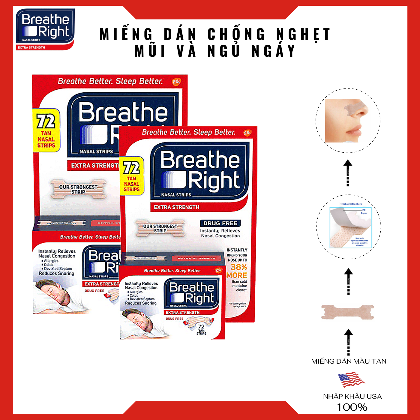 [HCM][Nhập Khẩu 100% USA] Set 12 Miếng dán chống nghẹt mũi Ngáy khi ngủMàu Tan  BREATHE RIGHT® Extra Strength Tan Nasal Strips