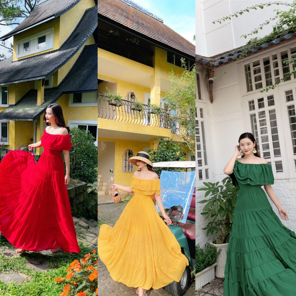 Đầm maxi trễ vai nối tầng nhiều màu sang chảnh