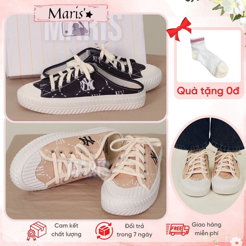 Giày sục nữ M.L.B Ny [ SALE SỐC ] Giày đạp gót vải canvas thêu màu đen-tan Ulzzang mẫu hotrend - Full box