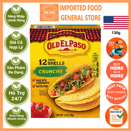 Vỏ bánh taco giòn Old El Paso, không chứa gluten, tiện lợi chuẩn bị bữa ăn, 12 cái 130g