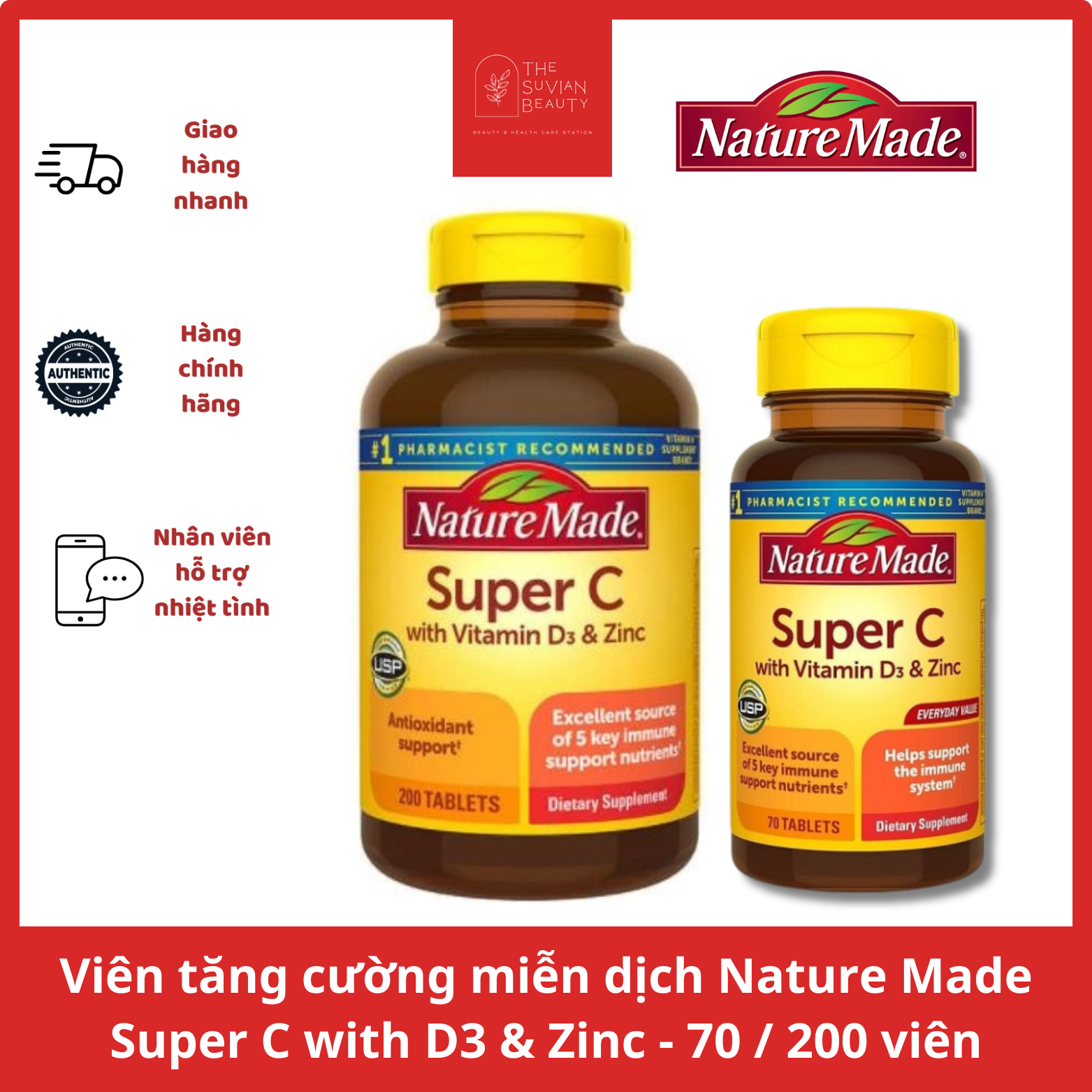 Viên Super C tăng cường hệ thống miễn dịch Nature Made Super C with D3 & Zinc 70/200 viên