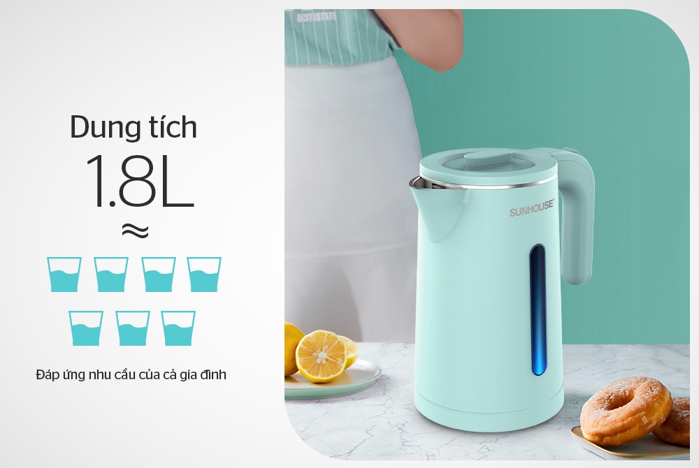 ẤM SIÊU TỐC INOX 2 LỚP 1.8L SUNHOUSE SHD1351 - PP Điện Gia Dụng Hải Kim Long