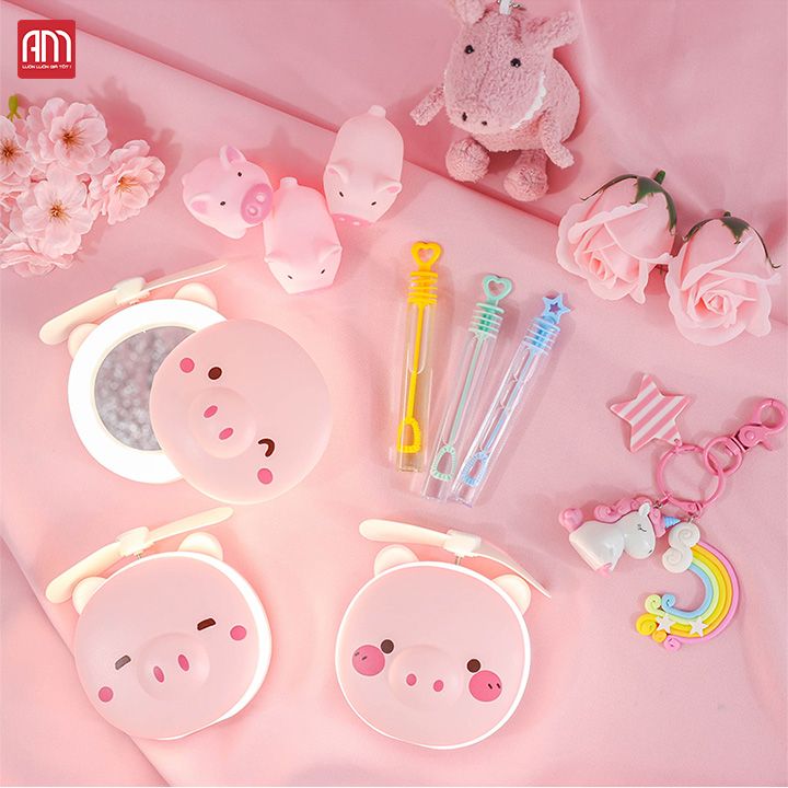 QUẠT HEO CÓ GƯƠNG VÀ KIÊM ĐÈN MINI CẦM TAY ĐA NĂNG 3 TRONG 1