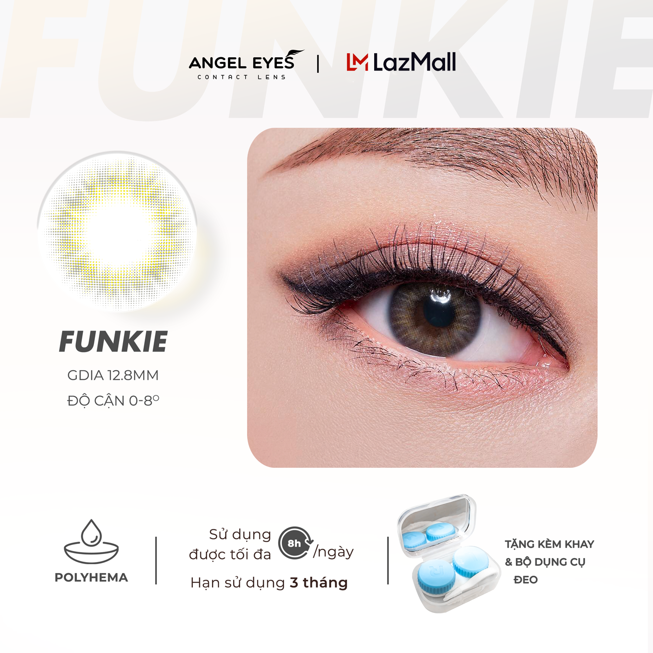 Kính áp tròng xám tây tự nhiên Funkie thương hiệu Angel Eyes đường kính nhỏ có độ từ 0 đến 8 cho mắt nhạy cảm. (Kính áp tròng xám cận | Lens cận màu xám | Lens xám có độ | Kính áp tròng xám có độ)
