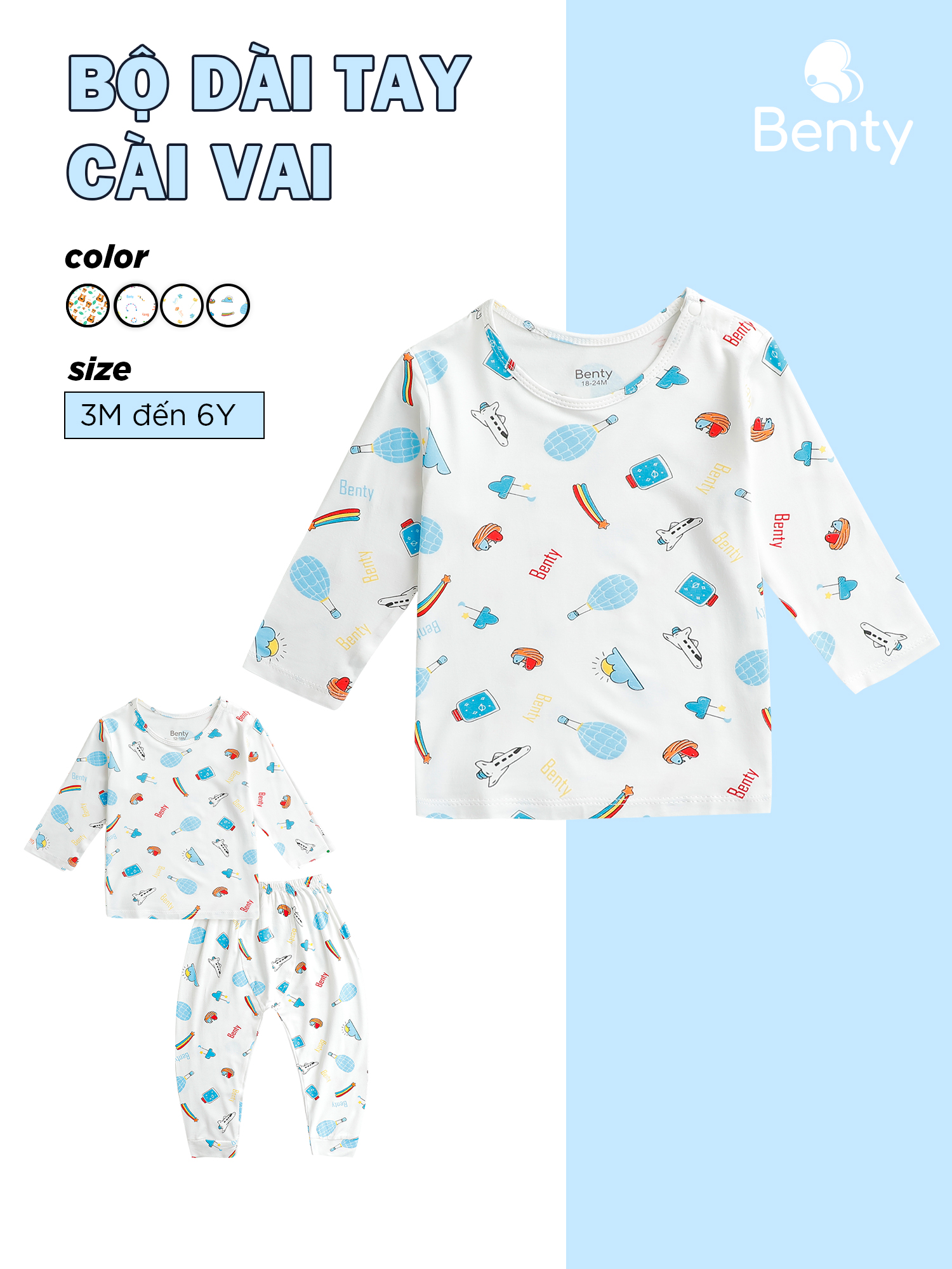  Bộ dài tay cài vai full họa tiết BENTY chất mềm mịn quần áo trẻ em cao cấp chính hãng 