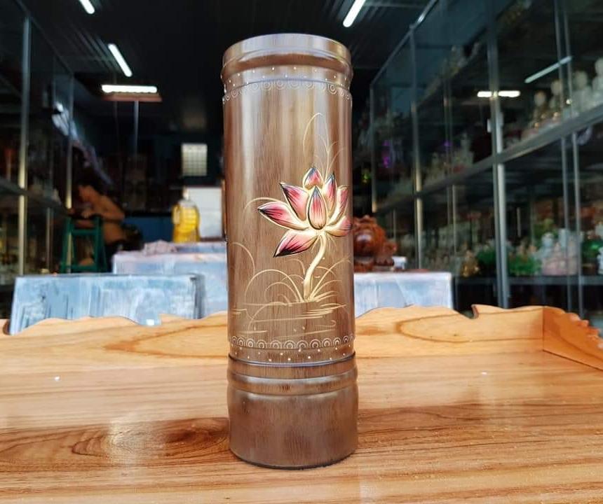 Ống nhang gỗ tràm bông vàng cẩn cao 23 cm