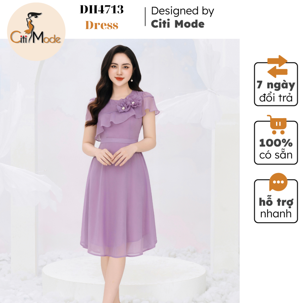 Đầm công sở citi mode fashion thiết kế dáng xoè tơ tím bèo ngực đính hoa dh4713