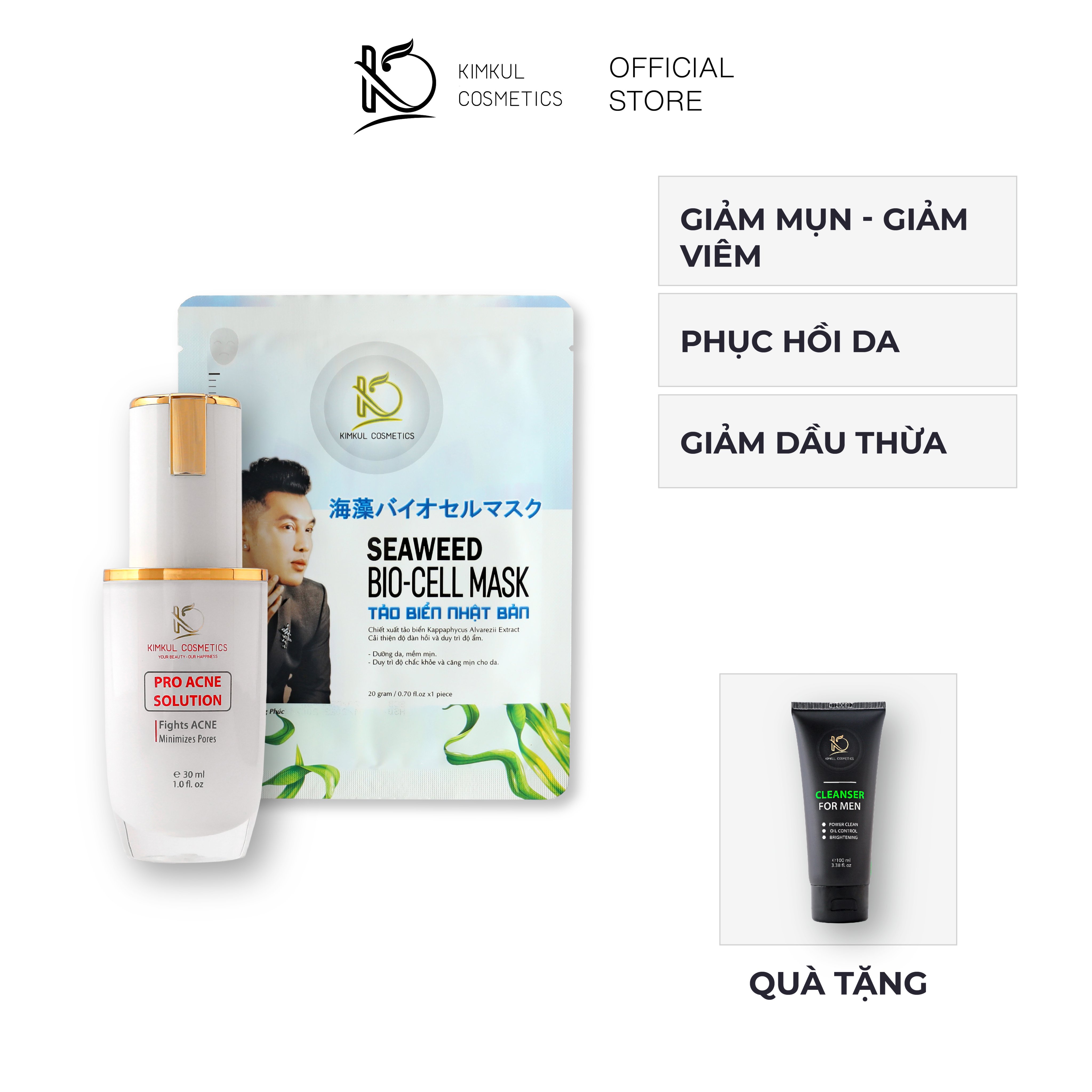 Combo ngăn ngừa Mụn cho Nam KimKul (Pro Acne Solution +Mặt Nạ Seaweed Bio-Cell Mask) - Bộ combo hỗ trợ xóa mụn nhanh cho Nam (Tặng 1 Sữa rửa mặt Nam Bill trên 400K)