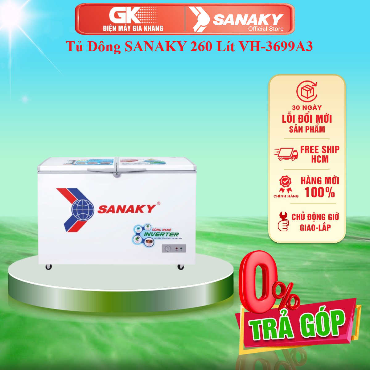 Tủ Đông SANAKY 260 Lít VH-3699A3 công nghệ Inverter 1 ngăn 2 cửa - Bảo hành 24 tháng - GIAO TOÀN QUỐ