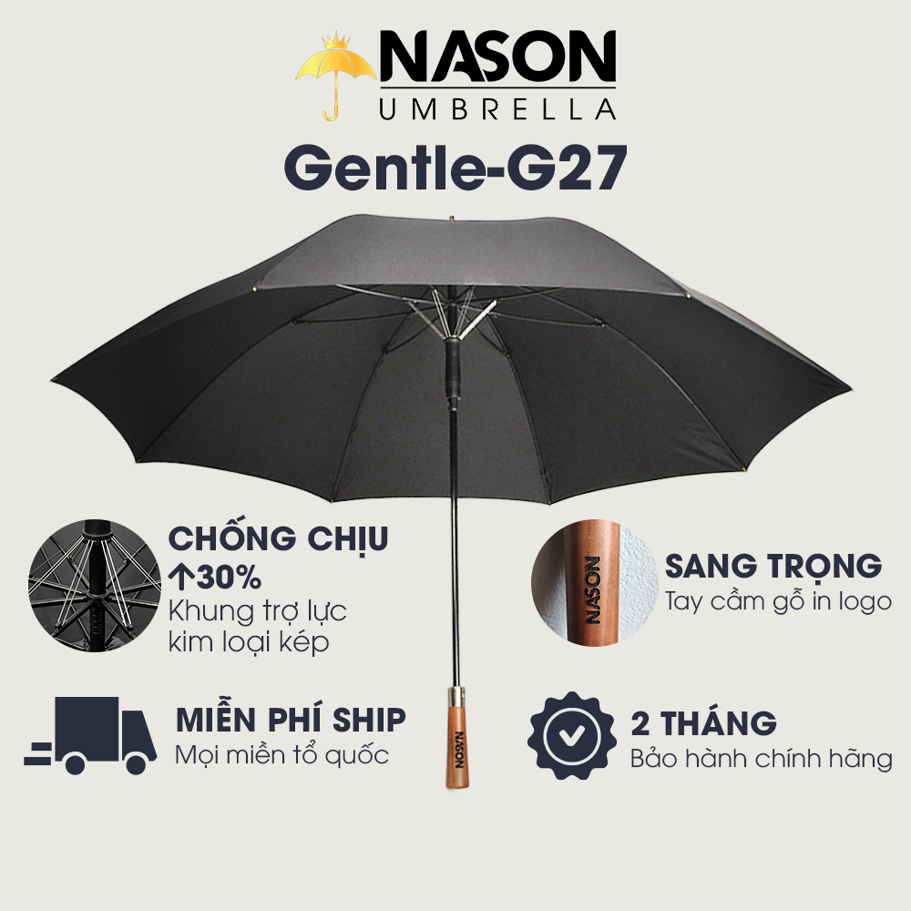 Ô dù thẳng cao cấp Nason Umbrella Cán gỗ- Tán rộng 27inch - Khung trợ lực kim loại kép chống chịu gió bão lớn - Tay cầm gỗ in logo chìm sang trọng