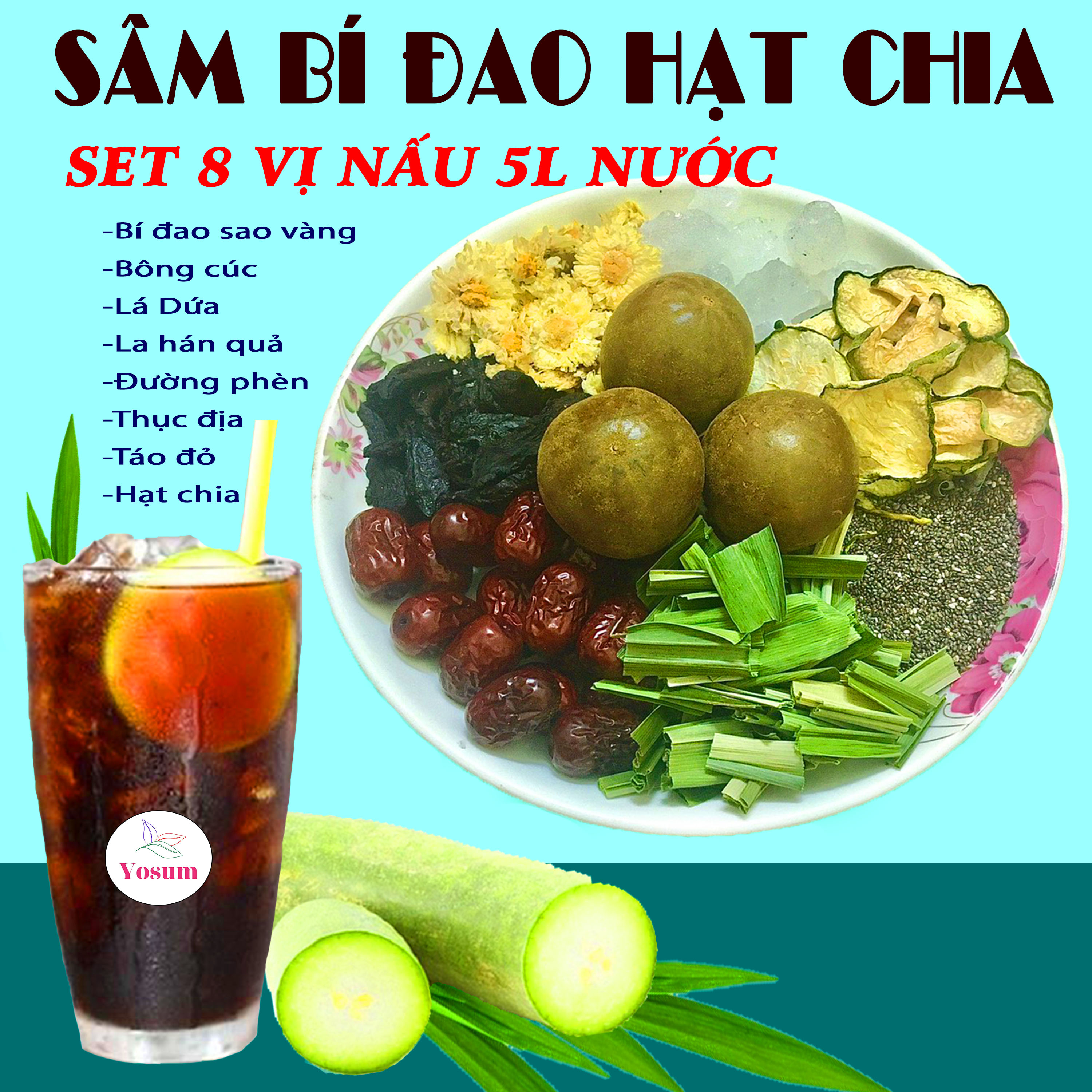 Combo 2 Set nấu Trà sâm bí đao hạt chia 8 vị, 1 set nấu 5l nước
