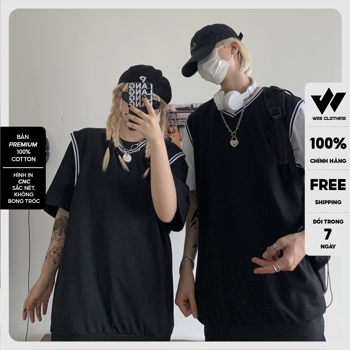 Áo gile unisex WIIS trơn sọc form rộng nam nữ phong cách oversize ulzzang
