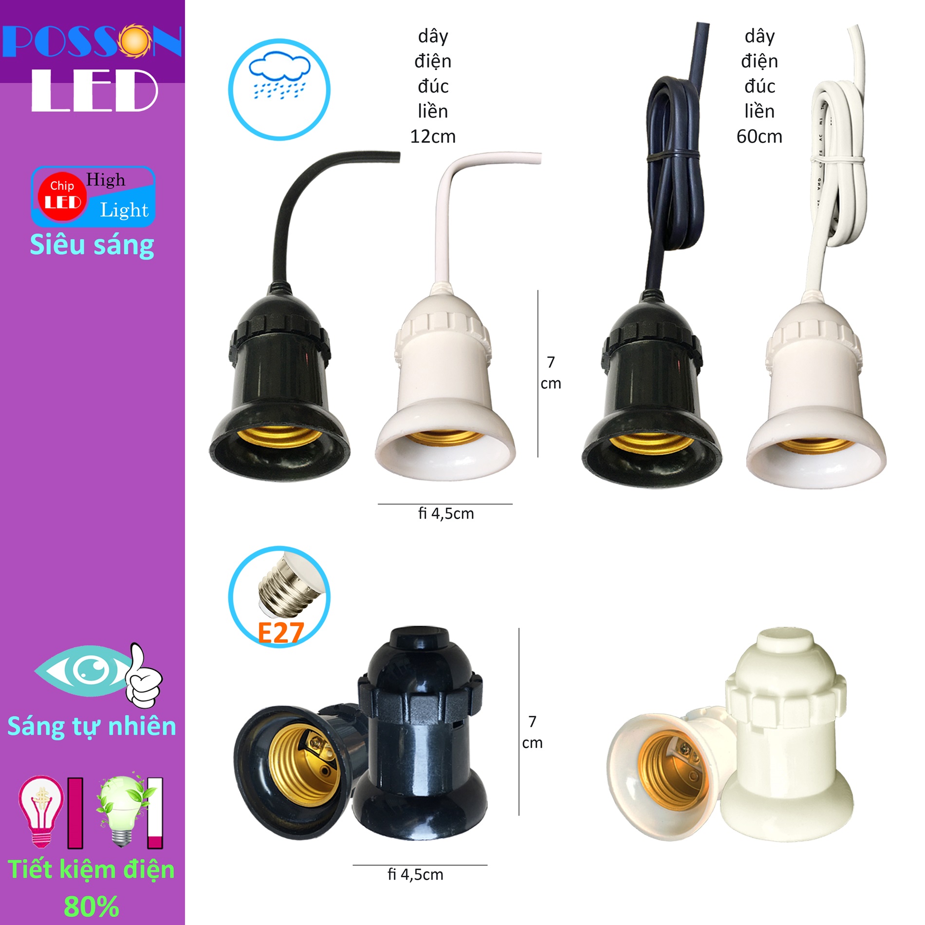 Sỉ100 Đui đuôi chui bóng đèn E27 chống nước mưa ngoài trời liền dây điện 12cm 60cm hoặc ko dây Posson LH-ODx+x