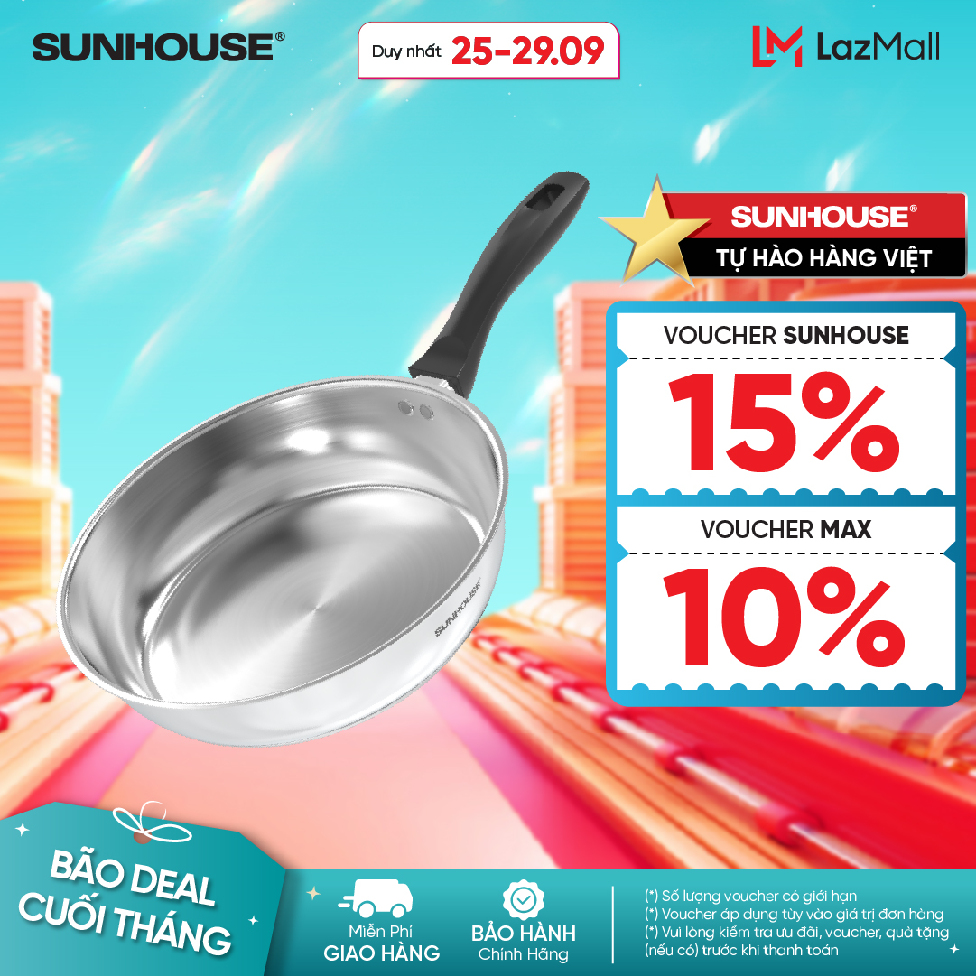 Chảo inox Impact Sunhouse ECO IN20-24-26-28M3 - Công nghệ dập đáy Impact - Tay cầm chống bỏng - Dùng mọi loại bếp