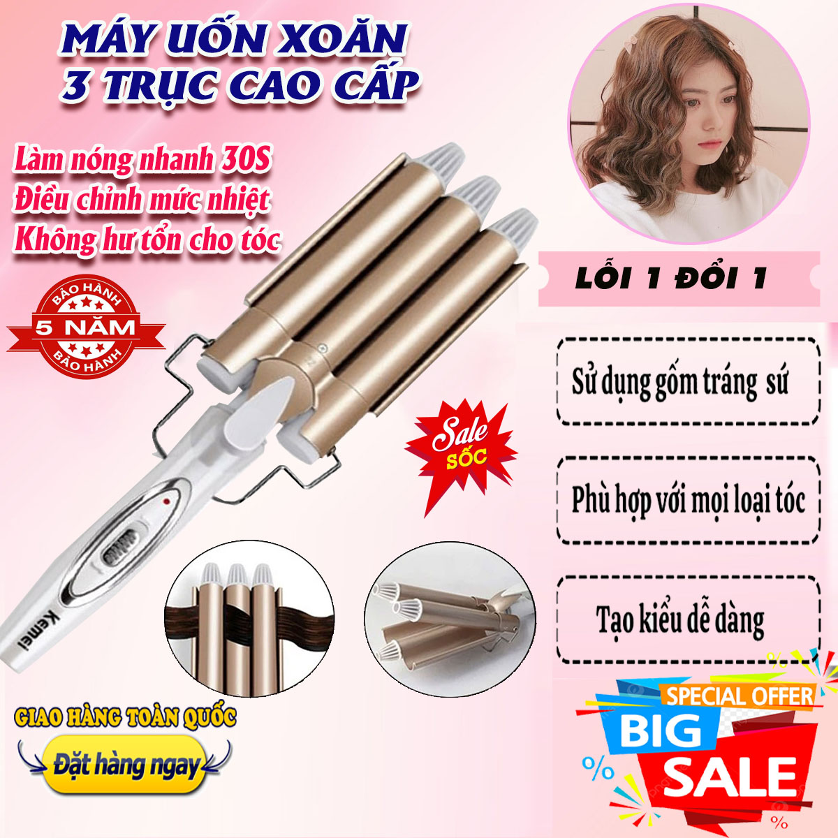 Máy Uốn Tóc xoăn 3 Trục KEMEI km1010 Hàng nhập khẩu có điều chỉnh nhiệt độ dùng uốn xoăn,uốn lọn, gợn sóng, Máy làm xoăn hippie, máy uốn tóc xoăn tự động, máy uốn tóc xoăn sóng lơi
