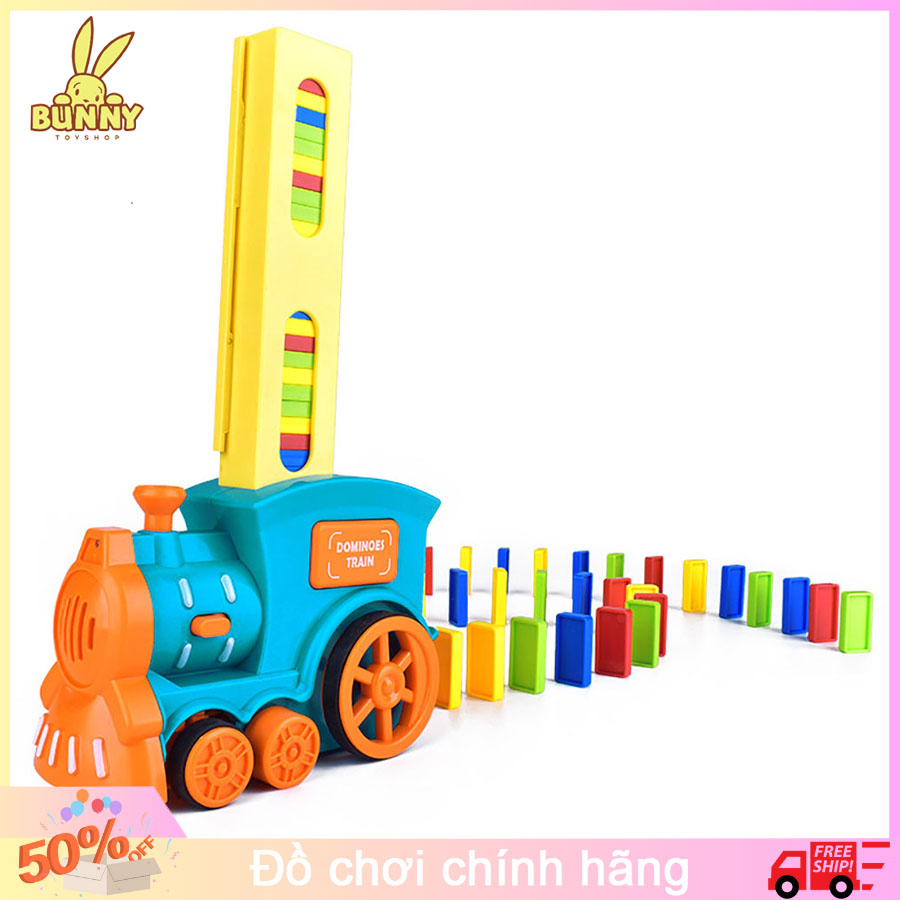 Đồ chơi trẻ em tàu hoả domino chạy bằng pin, tự động xếp domino, kèm ánh sáng và âm nhạc.