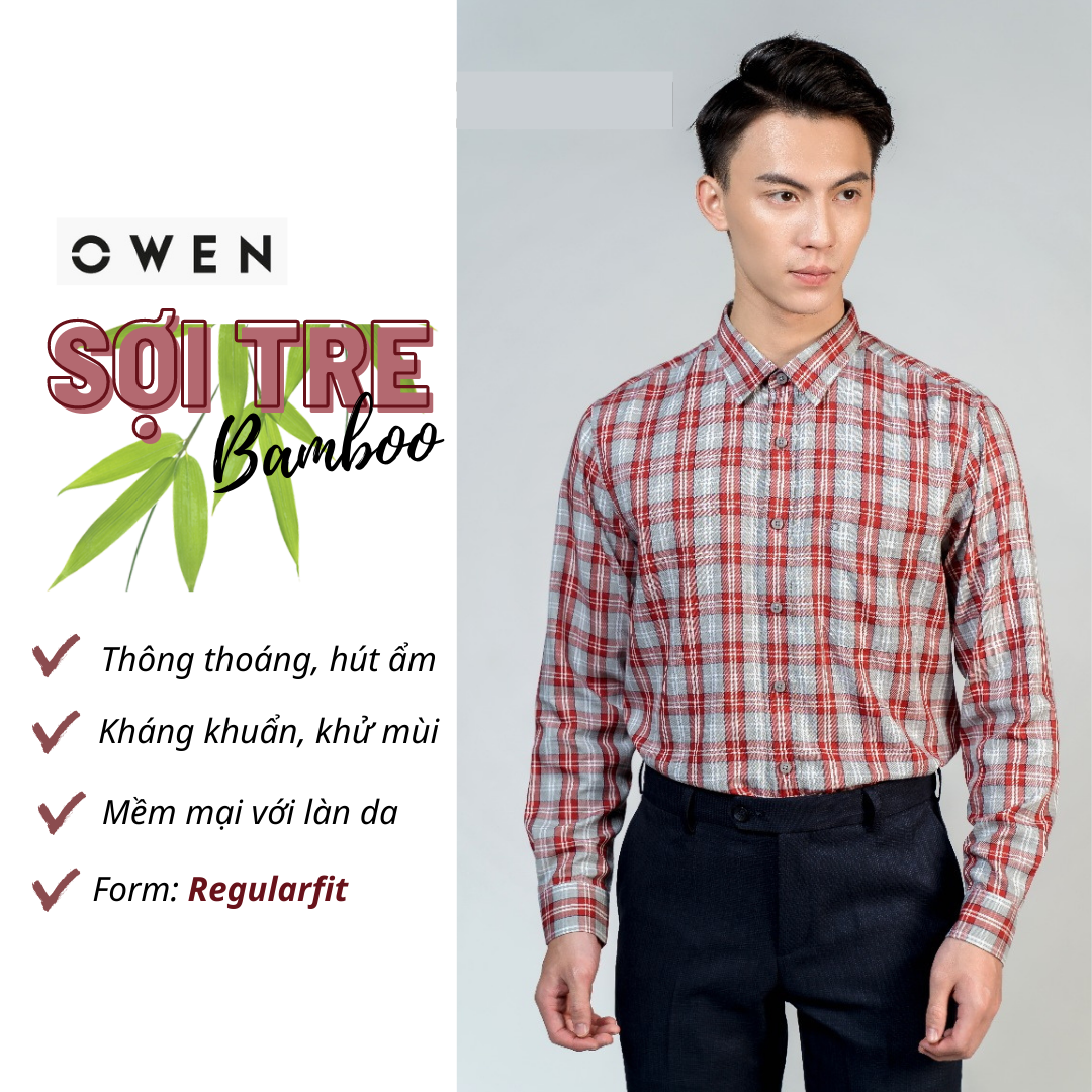 Owen - áo sơ mi dài tay owen regular fit vải sợi tre kẻ ca rô đỏ xám 61048 - áo sơ mi nam