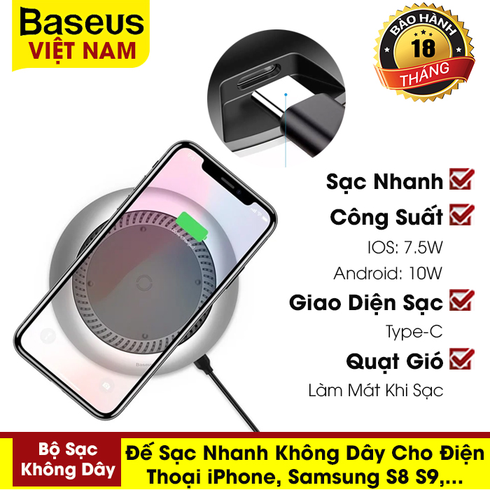 Đế sạc nhanh không dây 10W Baseus, thiết kế hình tròn đẹp mắt cho điện thoại iPhone X XS Max XR 8 Plus Samsung galaxy S8 S9
