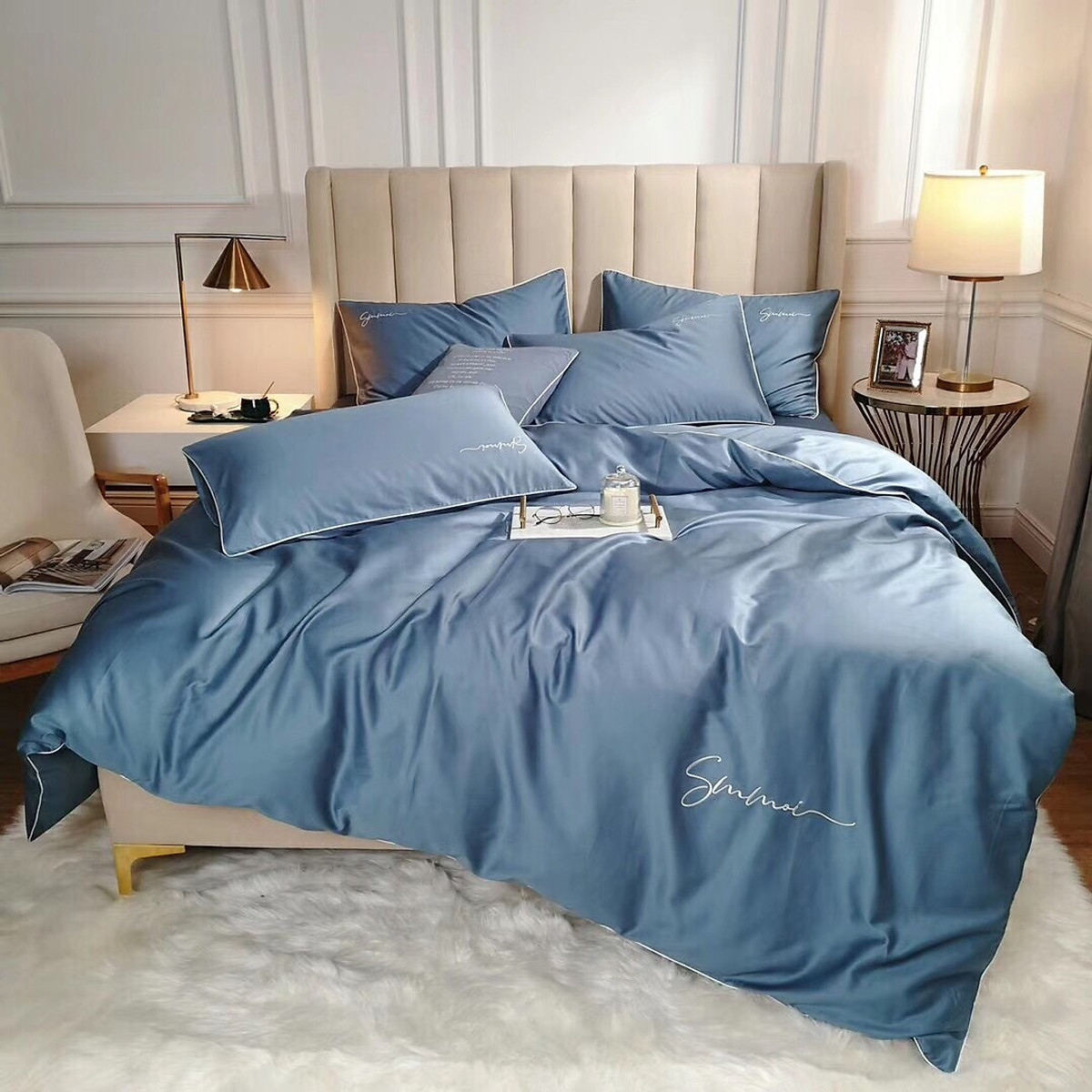 Bộ Chăn Ga Gối Tencel Lụa Cao Cấp - Xanh - 2m x 2m2