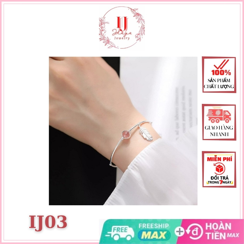 Lắc tay bạc Iloyo IJ03, vòng tay nữ pha lê hồng dâu lá lông vũ Feather