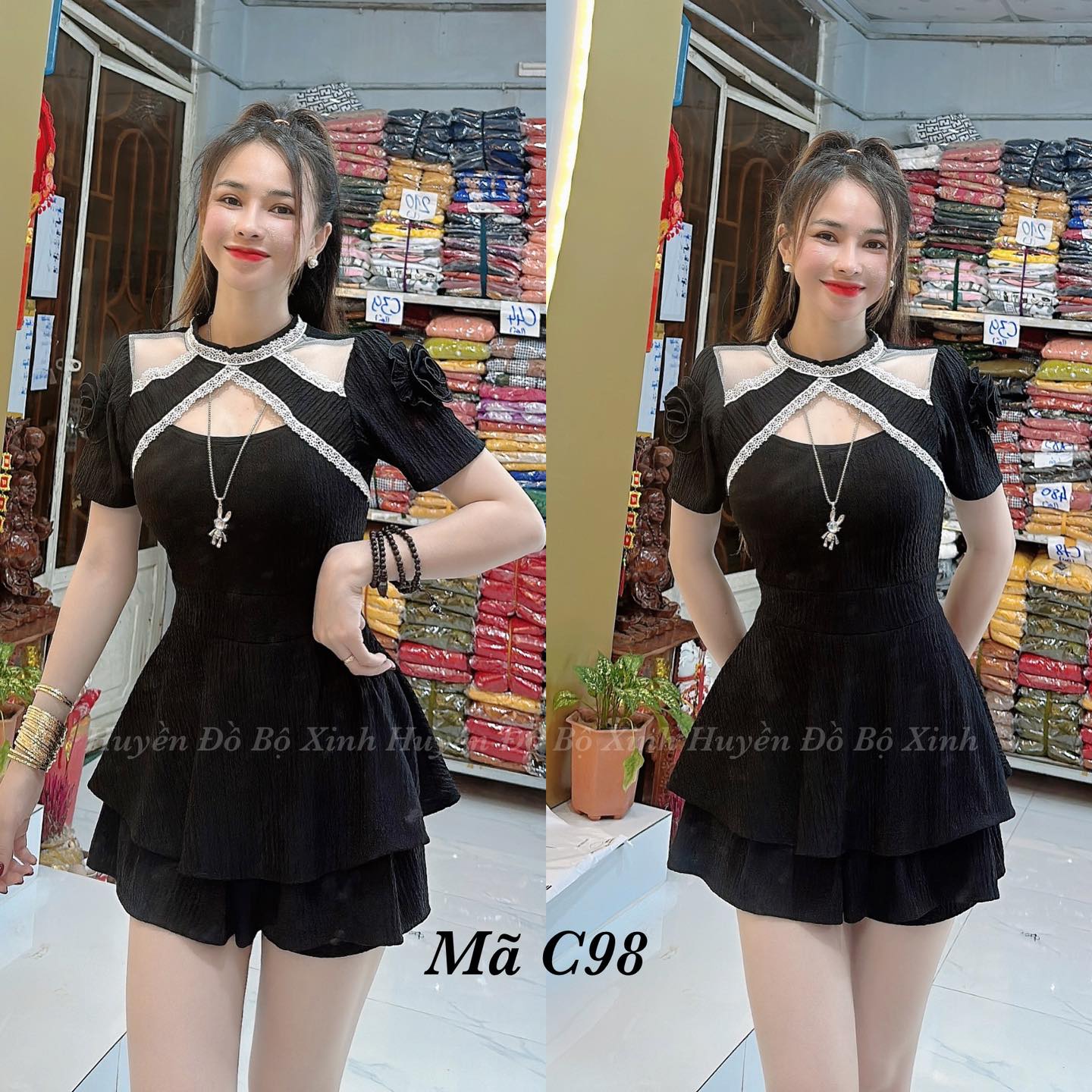 Th18- sét bộ thun xốp tay áo phối hoa, quần váy dễ thương