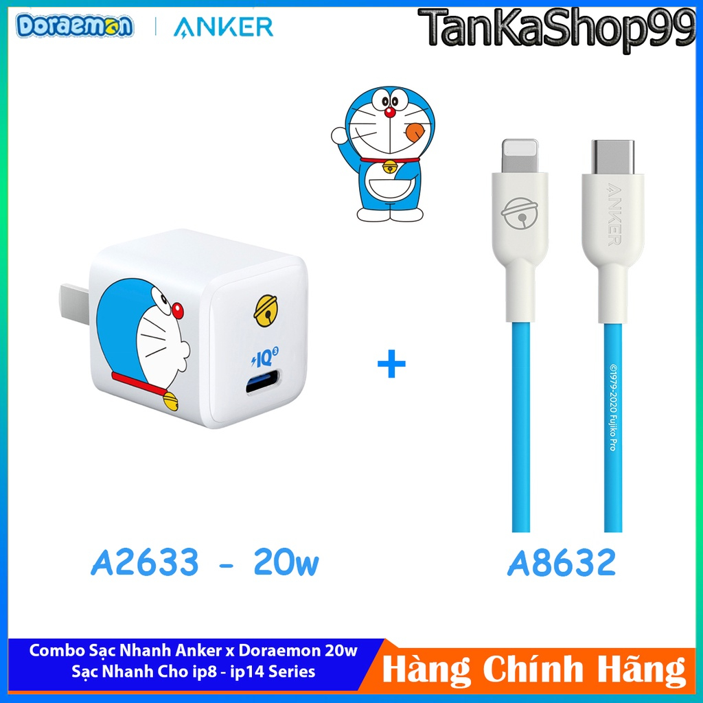 Combo Sạc Nhanh Anker x Doraemon 20W Dành Cho iphone, Chuẩn MFI A2633 + A8632