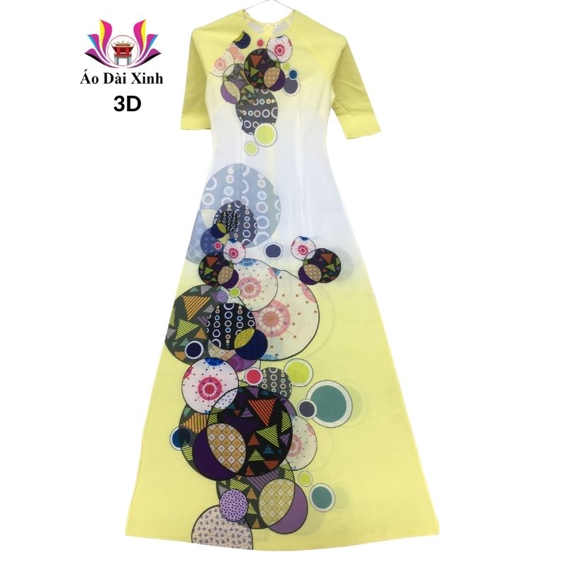 Áo dài truyền thống in 3D lụa Nhật cổ tròn tay lỡ màu vàng họa tiết hình tròn.