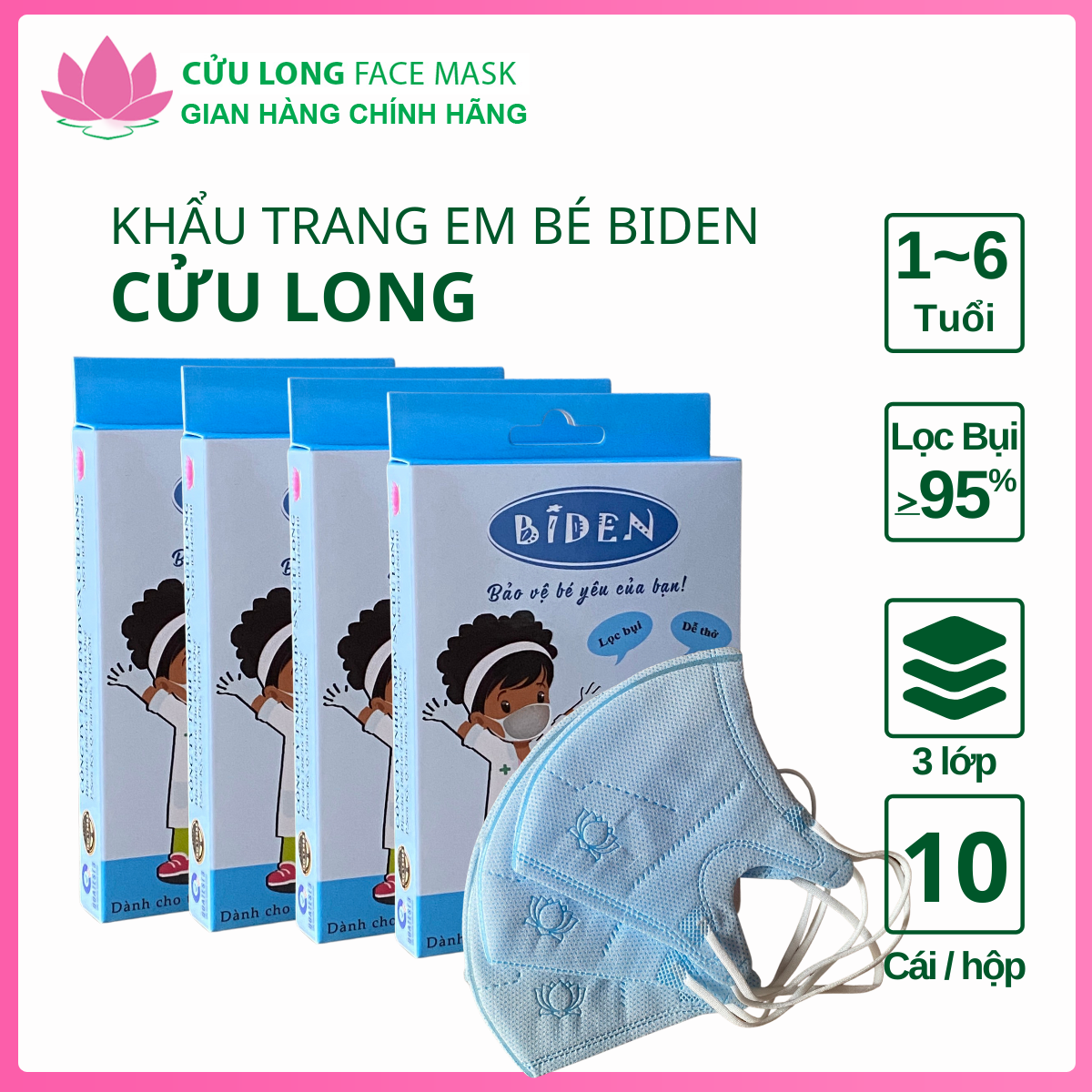 Combo 4 khẩu trang y tế em bé hình cá heo Biden chính hãng Cửu Long Face Mask ( Hộp 10 cái )