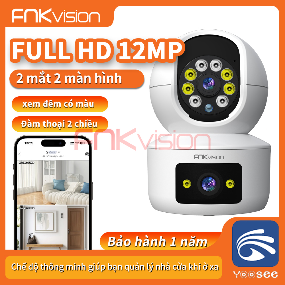 Camera wifi Fnkvision 12MP có màu Yoosee 2 mắt, đàm thoại 2 chiều, toàn cảnh 360 độ - phiên bản tiếng việt