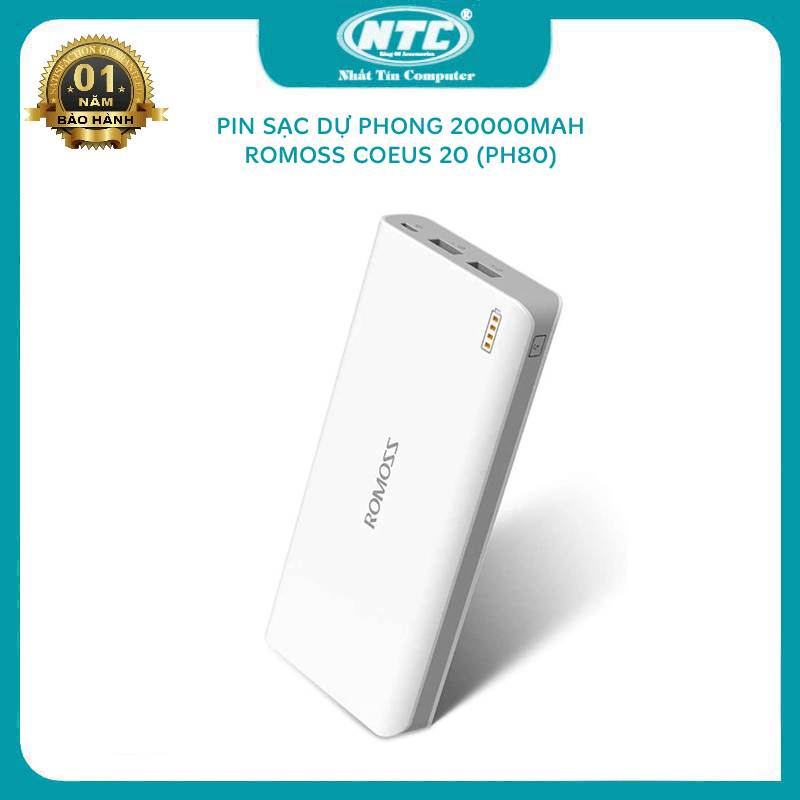 Pin dự phòng lõi polymer Romoss COEUS 20 (PH80) dung lượng 20000mAh sạc nhiều thiết bị (Trắng) - Nhất Tín Computer