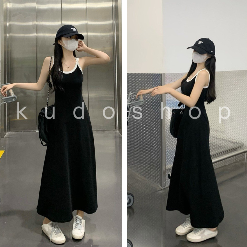 Váy body viền trắng 2 dây dáng dài phong cách ulzzang KUDOSHOP Đầm body ba lỗ dáng ôm màu đen gợi cả