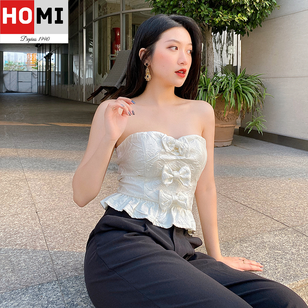 [HCM]ÁO CÚP NGỰC NƠ VẢI GẤM HOMI FASHION màu trắng kem
