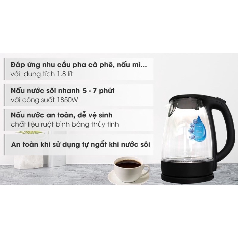Ấm siêu tốc Midea thuỷ tinh 1,8 lít MK-18GC bảo hành chính hãng 12 tháng