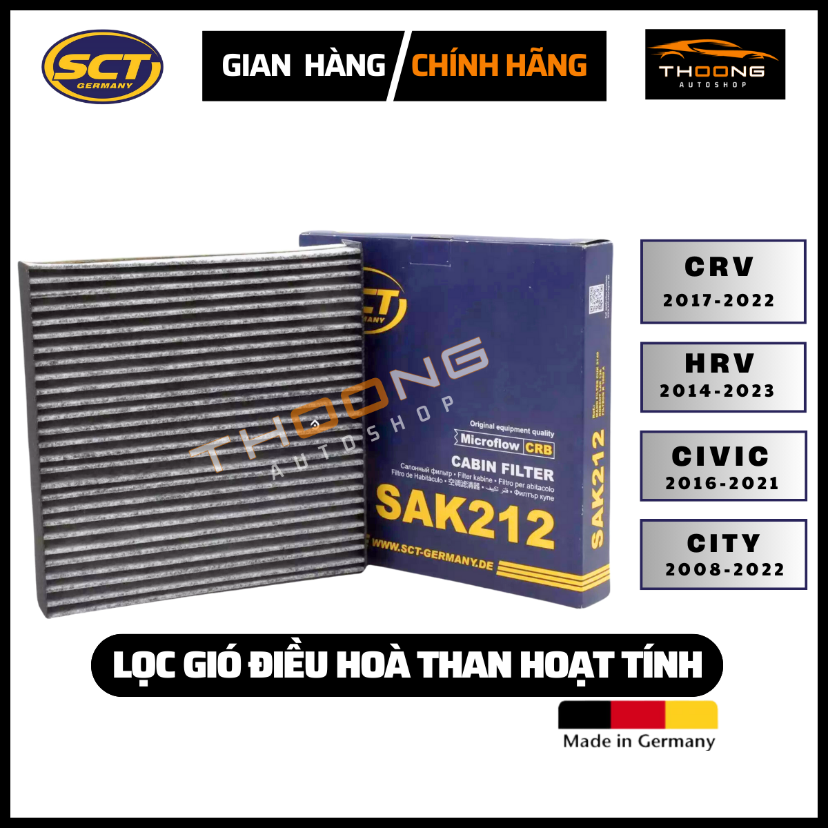 Lọc gió điều hòa Honda City 2012-2023, Civic 2018-2023 than hoạt tính nhập khẩu Đức Mã SAK 212
