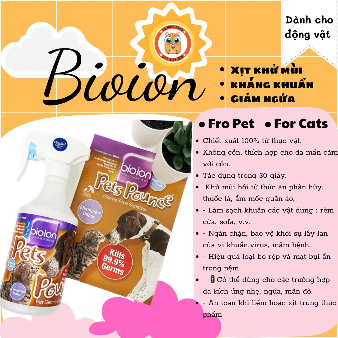 Bình xịt khử mùi - khử trùng và diệt khuẩn 99,9% 500ml Bioion dành cho mọi loại thú cưng (hamster, chó, mèo,...)