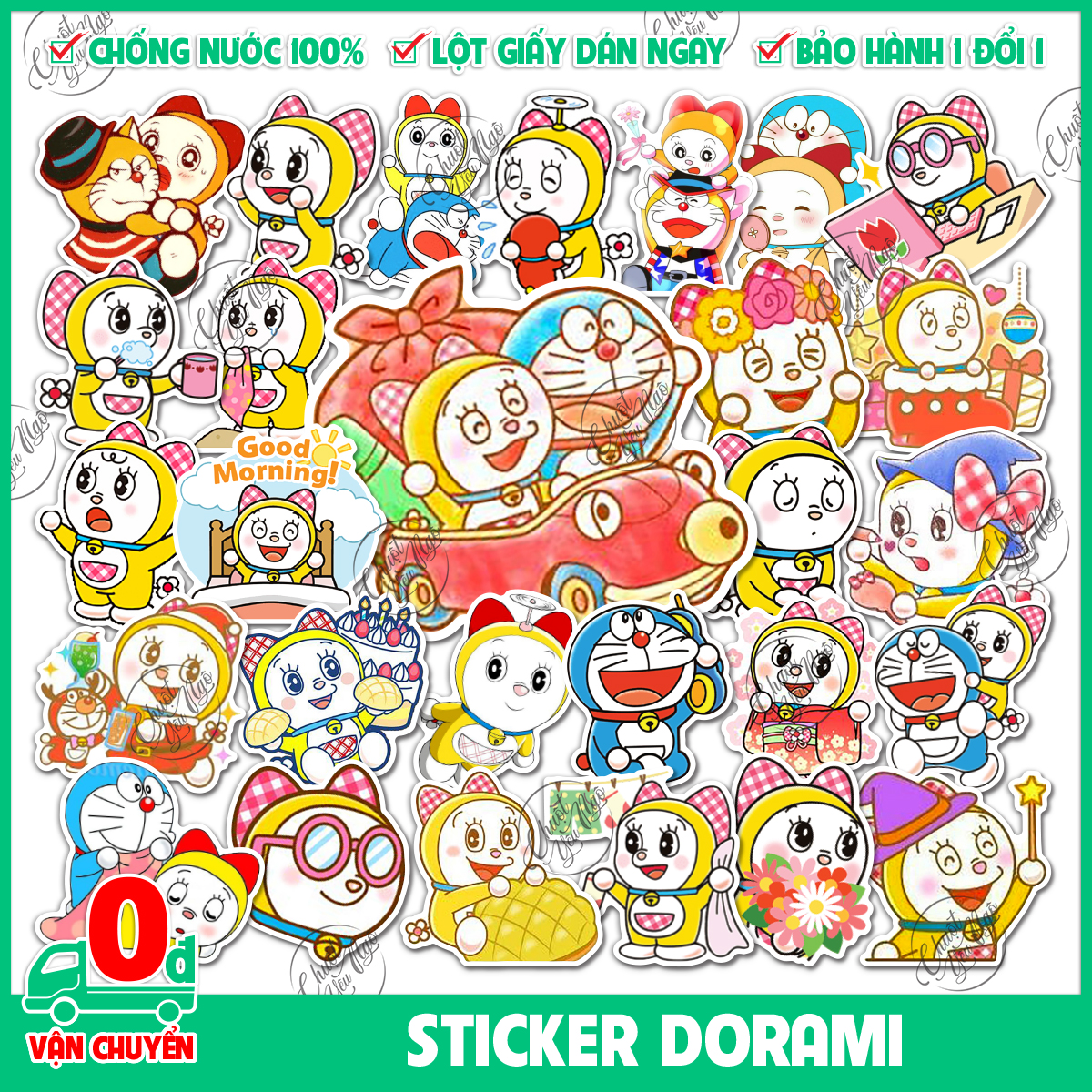 Combo 100 hình dán MÈO MÁY VÀNG decal chủ đề đô rê mi Dorami em đô rê mon doraemon biểu cảm ngộ nghĩnh chống nước