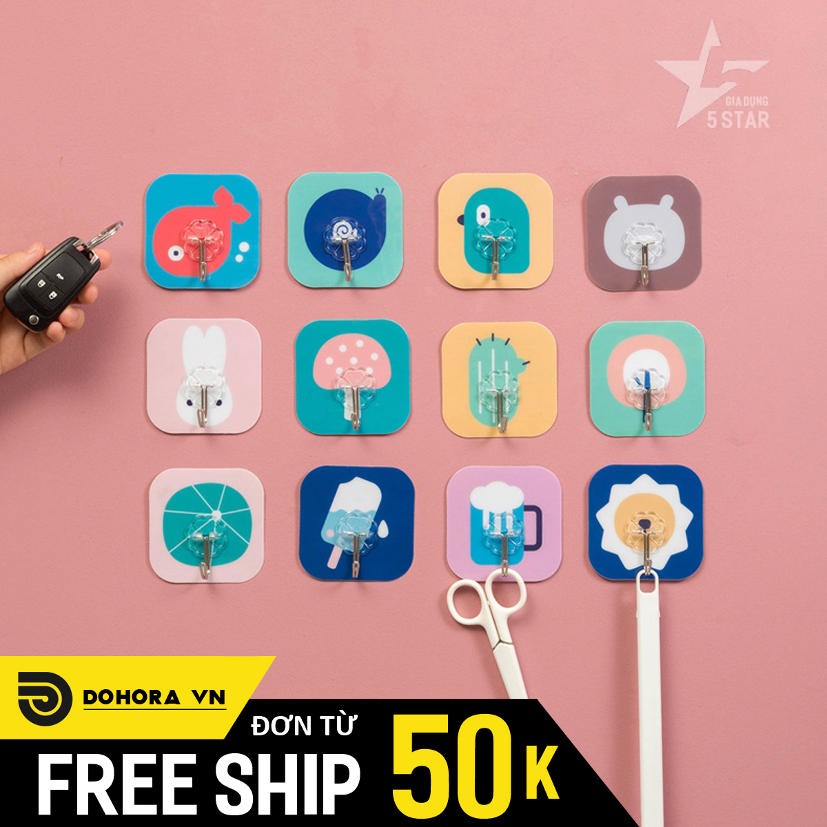 Bộ 02 móc dán tường siêu chắc chắn họa tiết icon hoạt hình xinh xắn chịu lực 5kg móc treo vật dụng nhà bếp nhà tắm tiện dụng