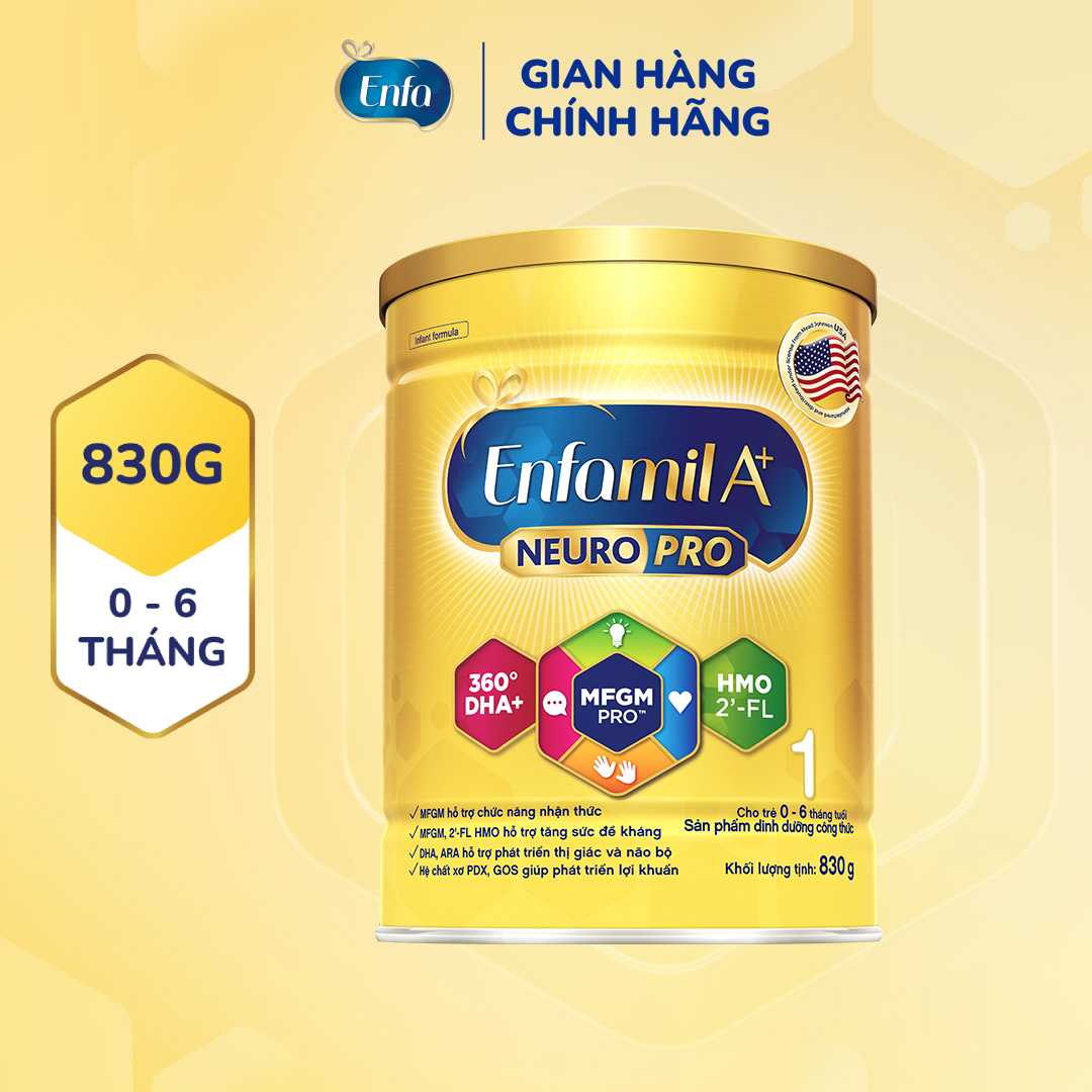 Sữa bột Enfamil A+ NeuroPro 1 Vị thanh mát 2'FL HMO với dưỡng chất DHA  MFGM cho trẻ từ 0 – 6 tháng tuổi– 830g