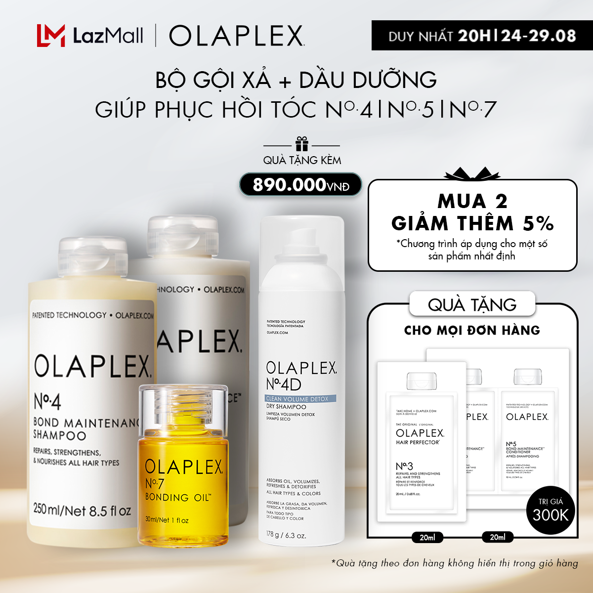 Dầu gội olaplex no.4 + dầu xả olaplex no.5 + dầu dưỡng bóng mượt olaplex no.7