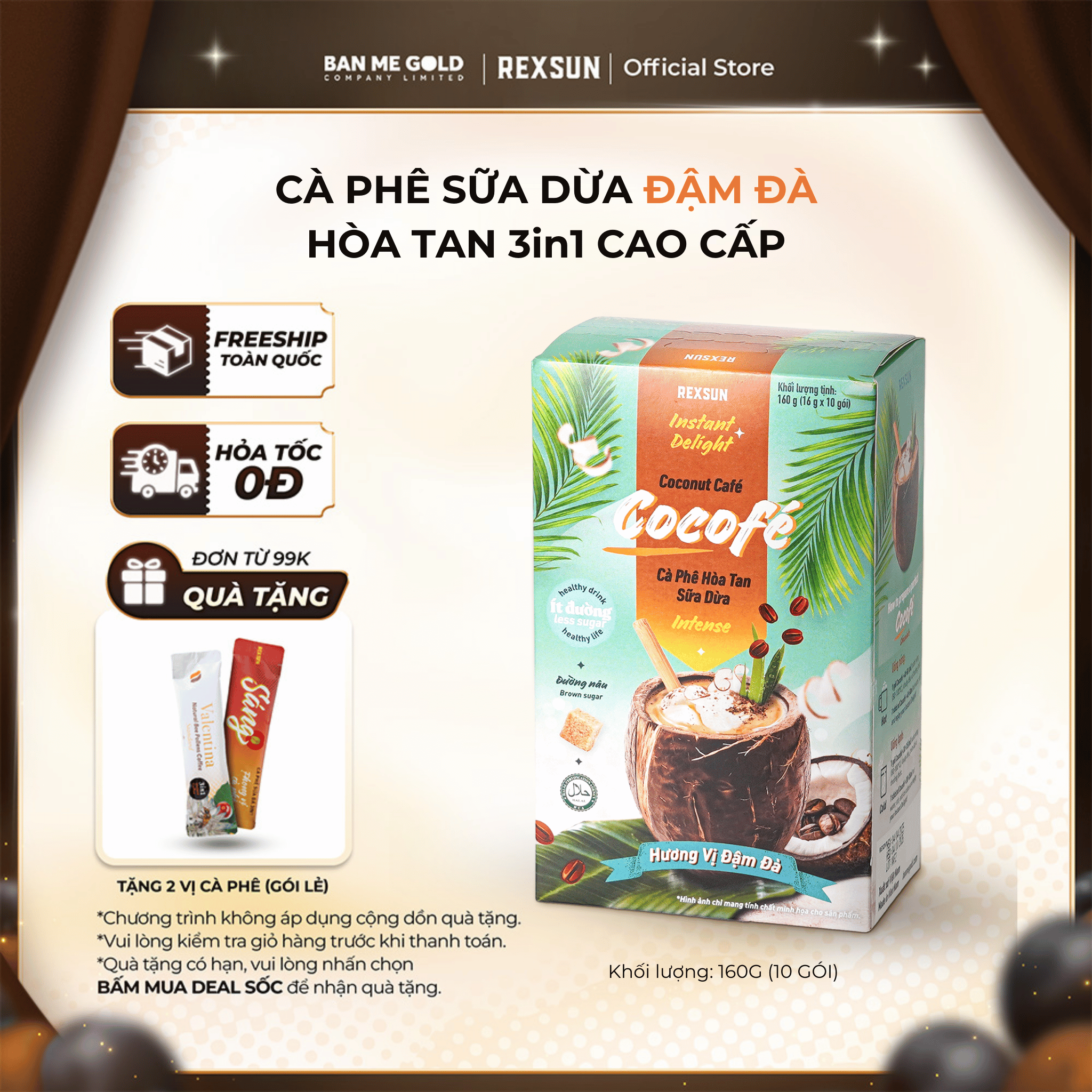 TẶNG QUÀ Cà Phê Sữa Dừa Cocofe ĐẬM ĐÀ - Hộp 160g 10 gói - Coconut Cafe Hòa Tan Chính Hãng Ban Me Gold - REXSUN