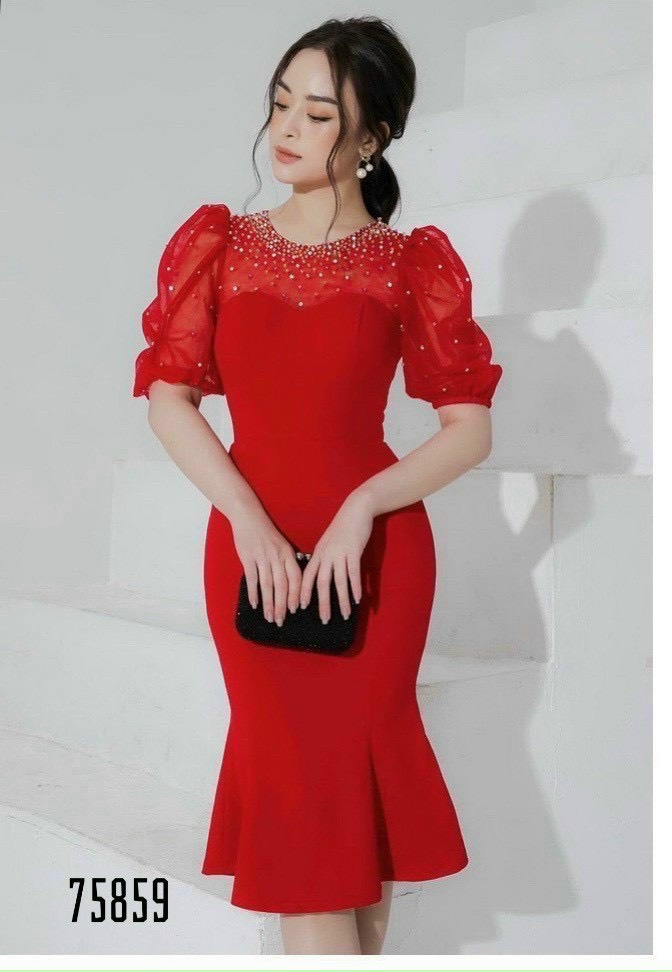 [HCM]ĐẦM BODY ĐUÔI CÁ TAY BỒNG PHỐI NGỌC TRAI DỰ TIỆC SANG CHẢNH CỰC TÔN DÁNG HHP