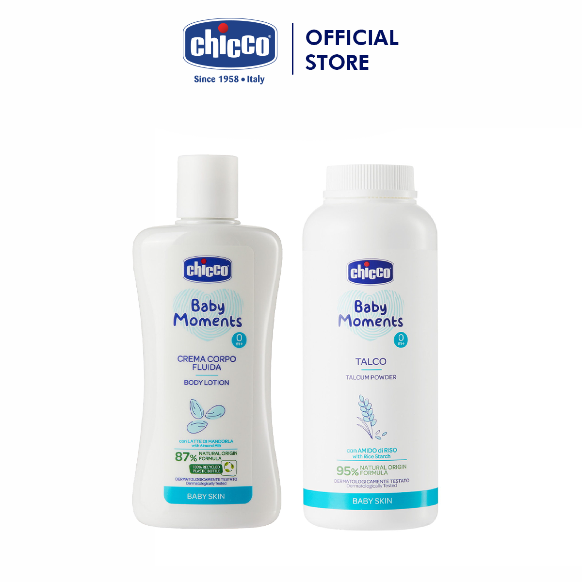 Combo Phấn rôm tinh bột Gạo Chicco + Sữa dưỡng ẩm chiết xuất Hạnh nhân Chicco 200ml