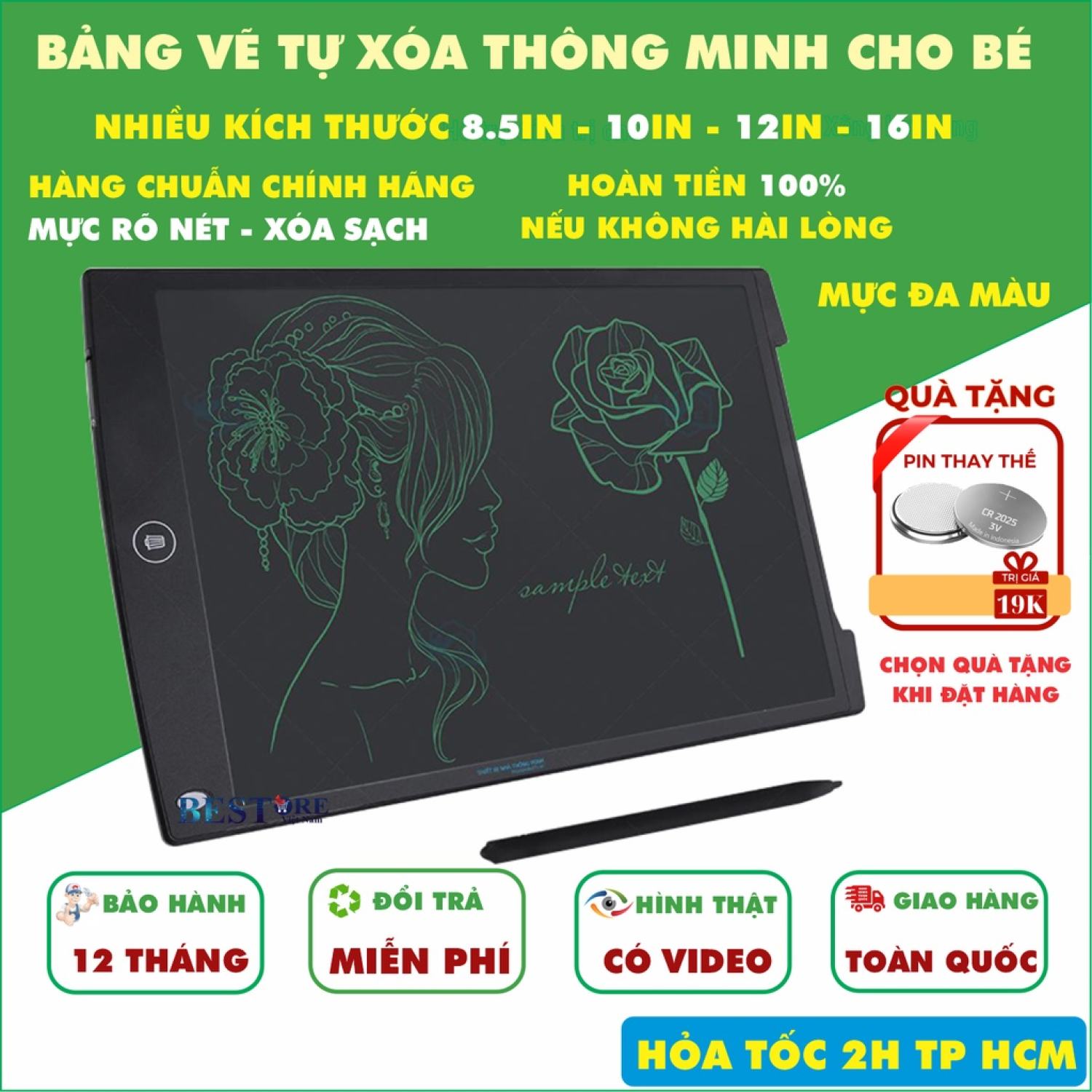 Bảng vẽ điện tử, bảng viết tự xóa thông minh cho bé màn hình LCD 8.5in, 10in, 12in đa màu, Bảo hành 12 tháng