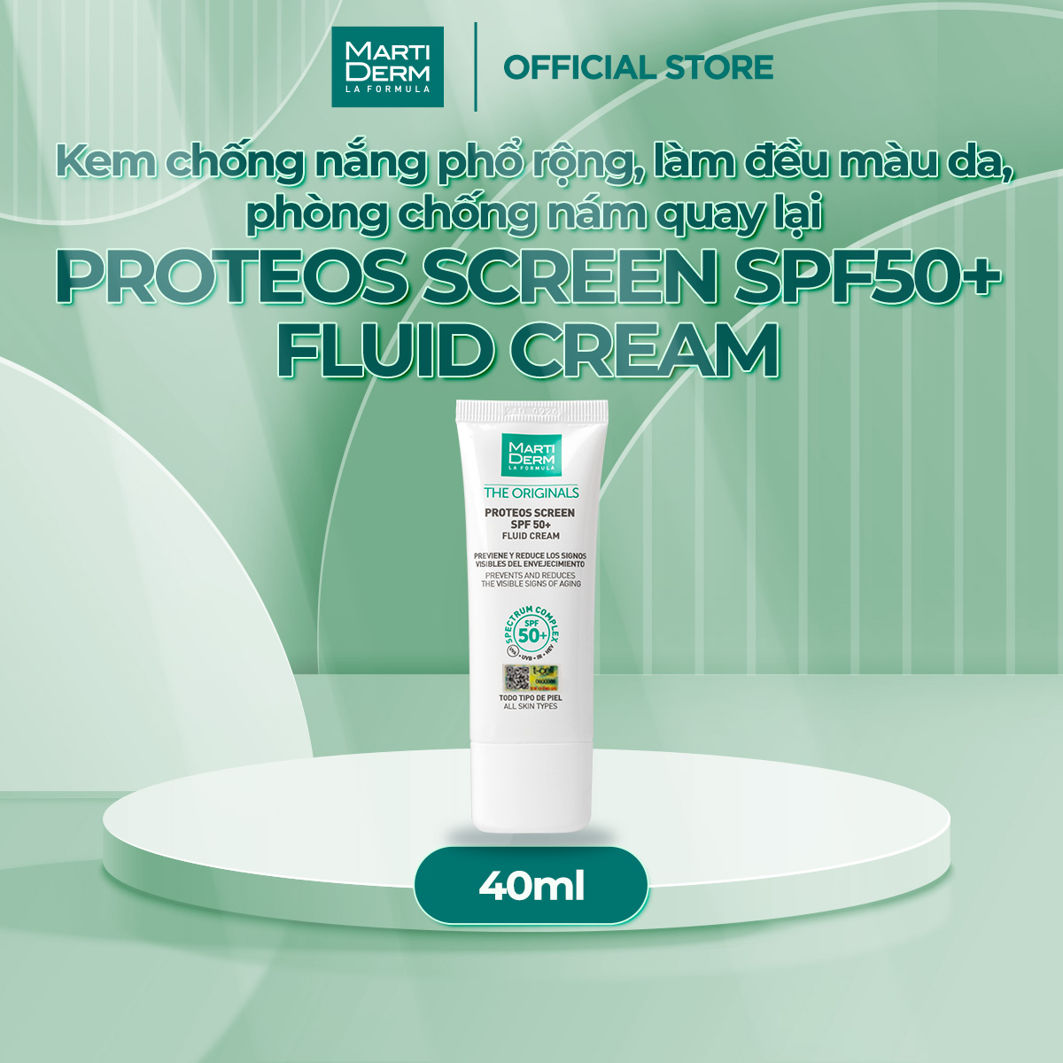 Kem Chống Nắng Phổ Rộng Toàn Diện Ngừa Lão Hóa, Phòng Chống Nám Quay Lại - MartiDerm The Originals Proteos Screen SPF50+ Fluid Cream