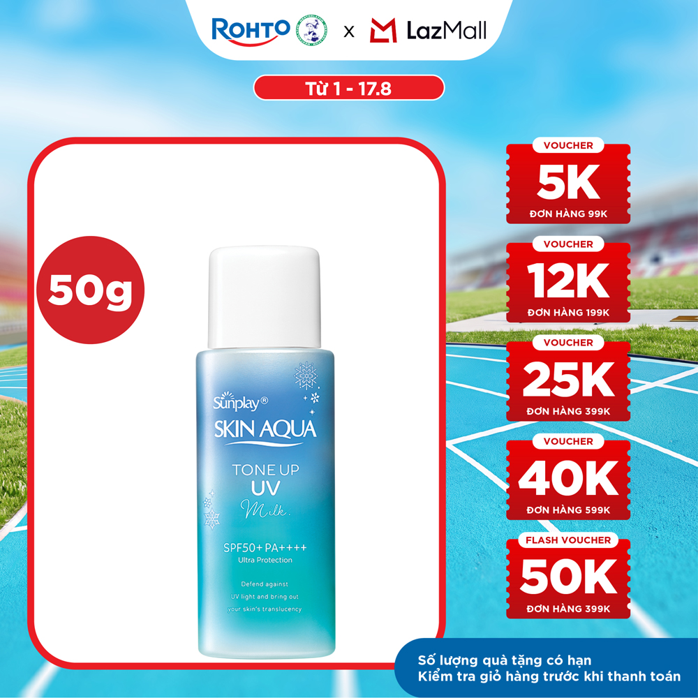 Kem chống nắng nâng tông Skin Aqua Tone up Blue cho da vàng có khuyết điểm đỏ, dạng sữa Sunplay Skin Aqua Tone Up UV Milk Blue SPF 50+ PA++++ 50g