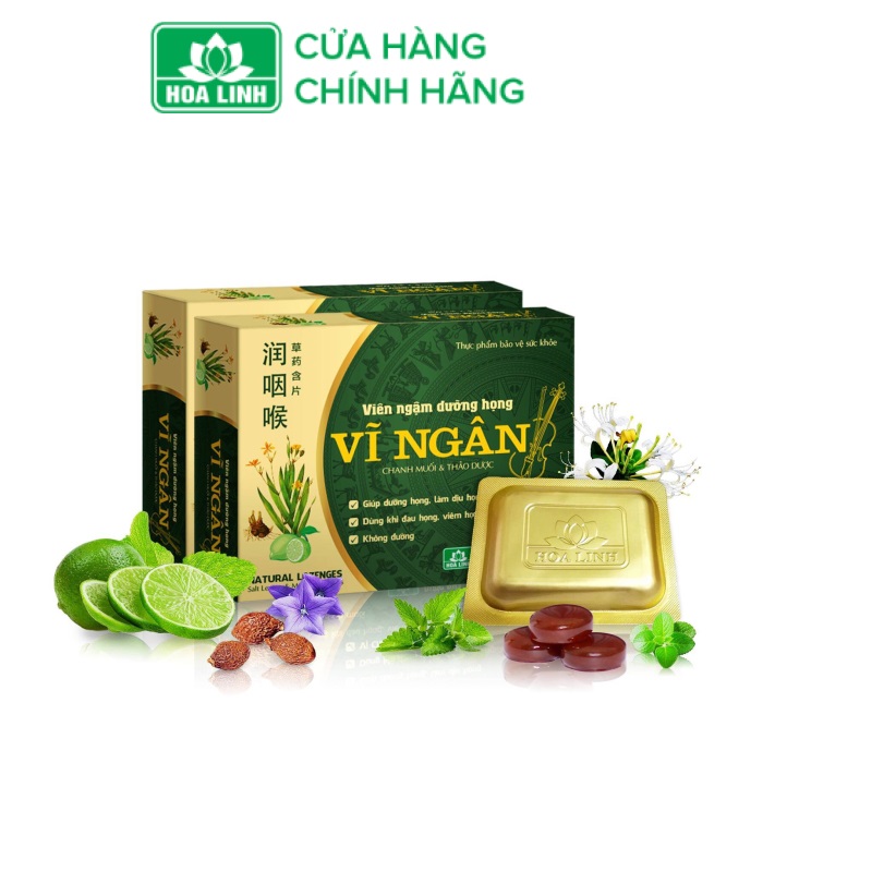 Viên ngậm giảm ho chanh muối và thảo dược Vĩ Ngân {hộp 2 vỉ x 5 viên} Dược phẩm Hoa Linh - dưỡng họng, hỗ trợ giảm viêm họng, đau họng, ngứa rát, khô cổ họng - QT Thu Lan TL153